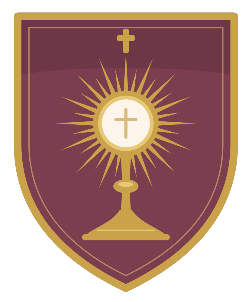 Logo provvisorio dell'Ordine delle Dame: scudo rosa antico bordato d'oro con l'ostensorio al centro, tra raggi d'oro, con l'ostia bianca e una croce in cima